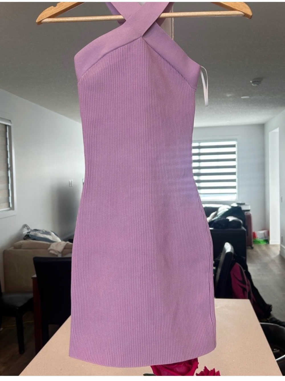Aritzia Lilac Cross-Neck Ribbed Mini Dress